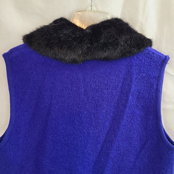 NWT Lisa Int. Women (L) Blue Boiled Wool Vest w/Faux Fur Collar-HAS ISSUES - Picture 9 of 16